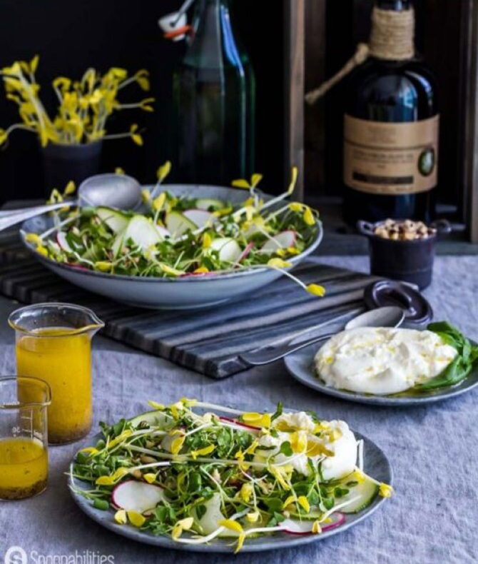 Yellow Pea Shoot Salad |italic with Champagne Mustard Vinaigrette italic|